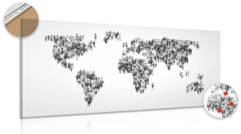 Εικόνα ενός παγκόσμιου χάρτη από φελλό που αποτελείται από άτομα σε μαύρο & άσπρο - 120x60