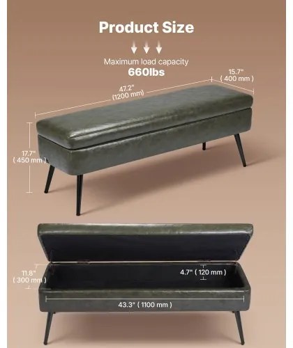 VEVOR PU Leather Storage Ottoman Bench Shoe Seat with Storage &amp; Metal Legs Green