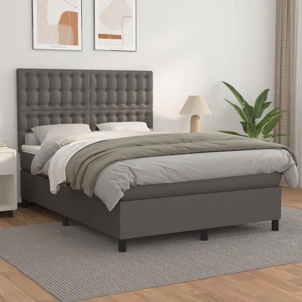 Κρεβάτι Boxspring με Στρώμα Γκρι 140x190εκ. από Συνθετικό Δέρμα - Γκρι