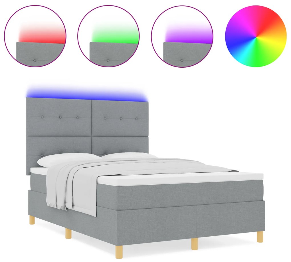 vidaXL Κρεβάτι Box Spring με Στρώμα & LED Φως Γκρι 140x200 εκ Ύφασμα