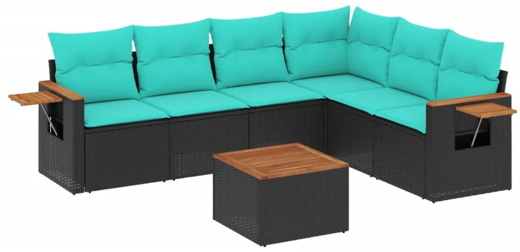 vidaXL Καναπές Σετ 7 Τεμαχίων Μαύρο Συνθετικό Ρατάν με Μαξιλάρια