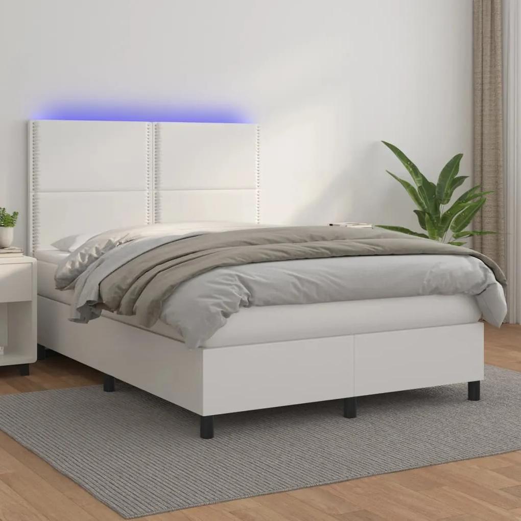 Κρεβάτι Boxspring με Στρώμα &amp; LED Λευκό 140x200 εκ. Συνθ. Δέρμα