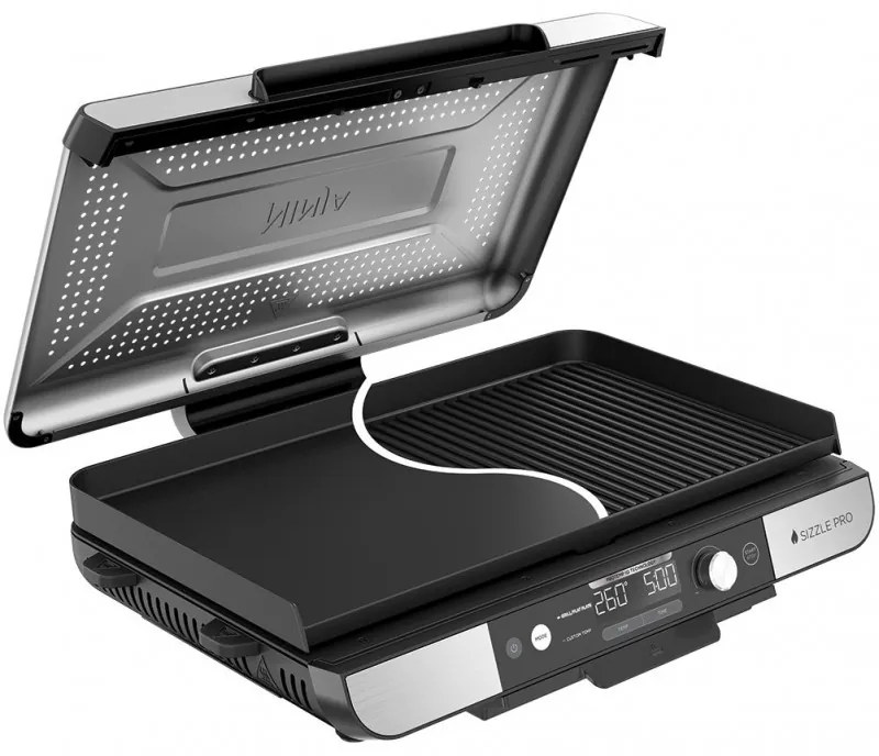 Ηλεκτρική ψησταριά Ninja Sizzle Pro XL GX101EU, 1800W, 120°-260°C, 2 κεραμικά πλόκια, 10 μπιφτέκια, ProTemp IQ, Swalajem kapak, Ceren/Inox
