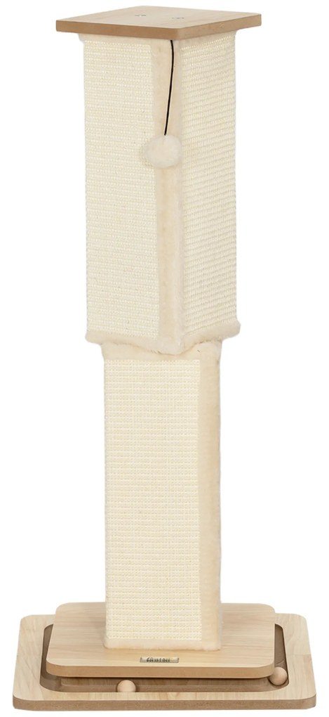 PawHut 3-in-1-Δέντρο για γάτες με ράγα παιχνιδιού, μπάλα παιχνιδιού, σιζάλ, έως 10 kg, 39,5 x 39,5 x 87 cm, Δρυς/Κρεμ