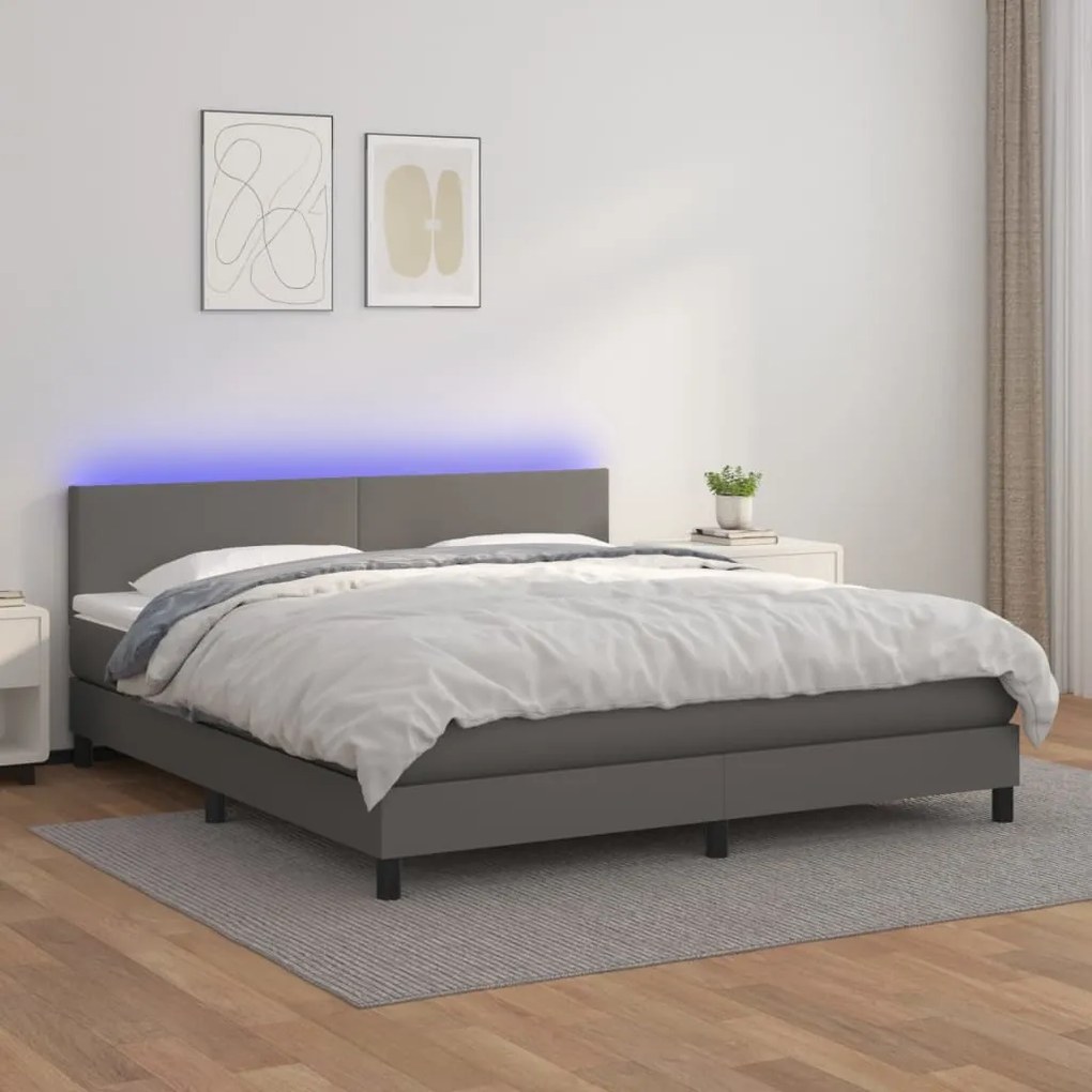 Κρεβάτι Boxspring με Στρώμα &amp; LED Γκρι 180x200 εκ. Συνθ. Δέρμα