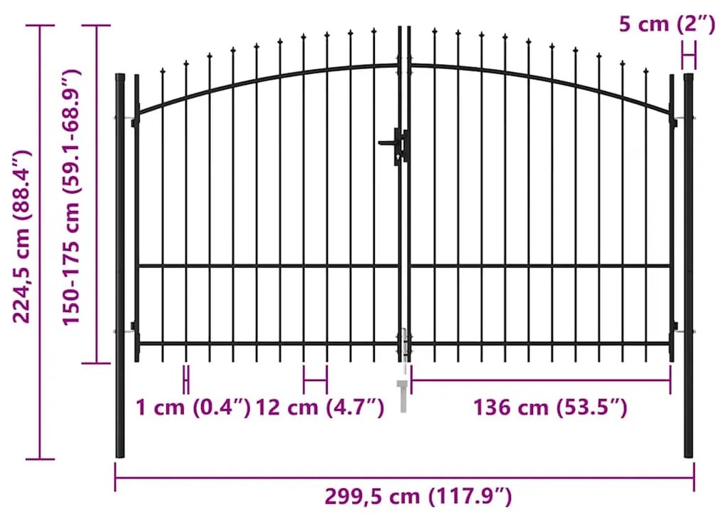 vidaXL Καγκελόπορτα Διπλή με Ακίδες Μαύρη 3 x 1,75 μ. Ατσάλινη