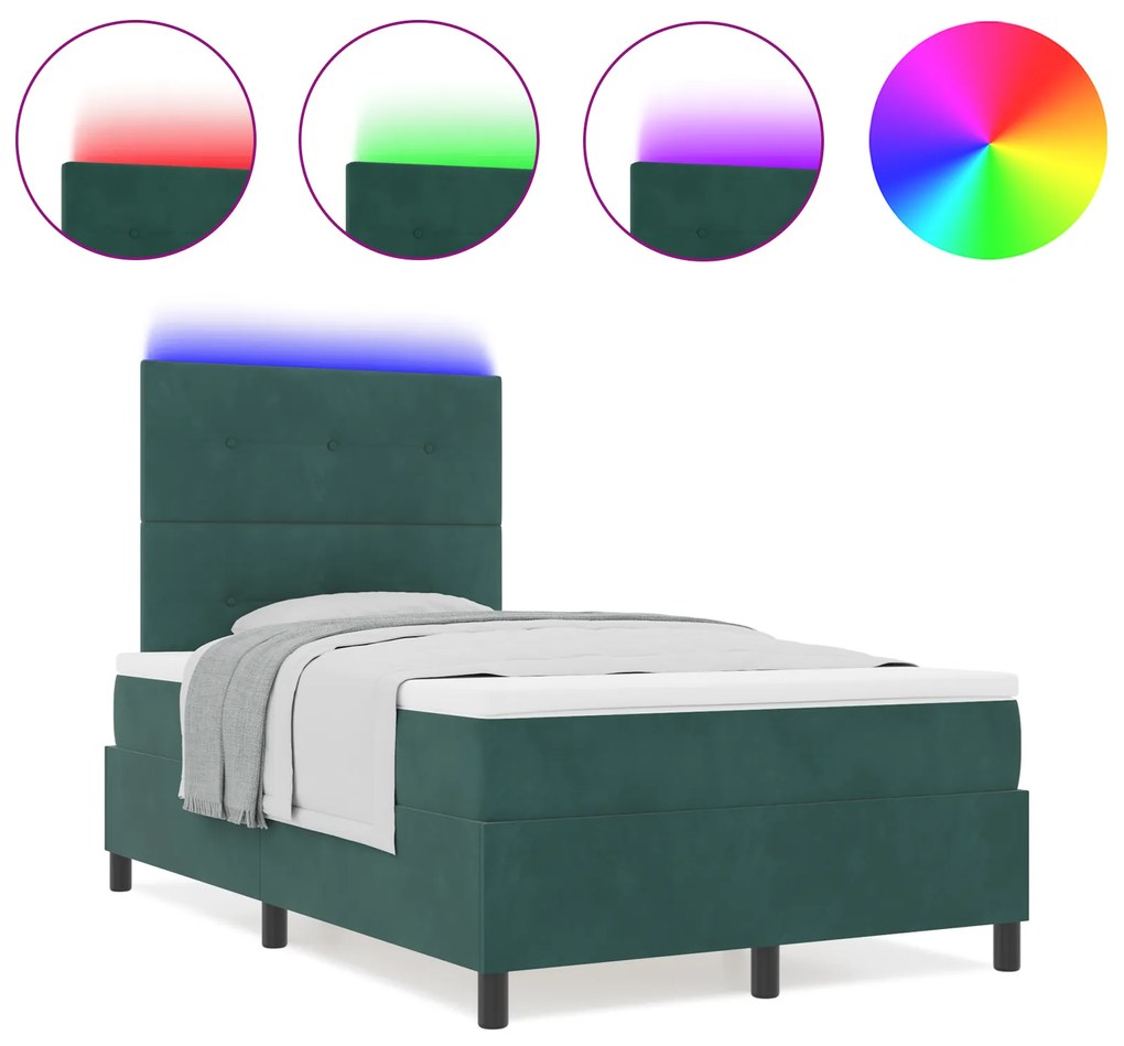 vidaXL Κρεβάτι Box Spring με Στρώμα & LED Σκούρο Πράσινο 120x190 εκ Βελούδινο