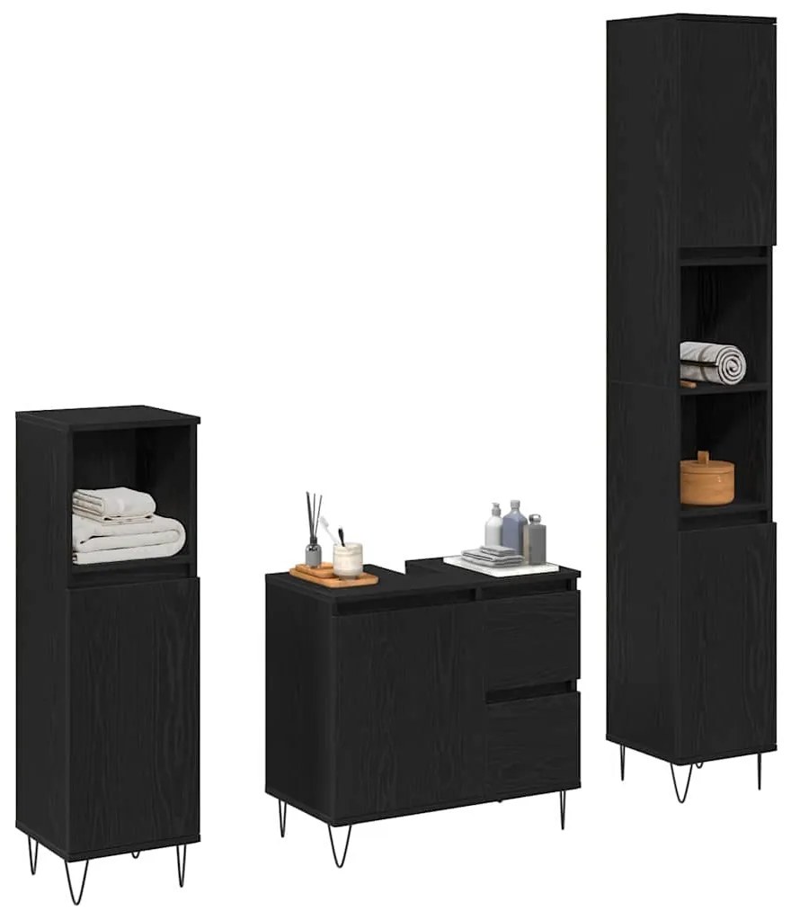 vidaXL Σετ Επίπλων Μπάνιου με πόρτα 3 pcs Μαύρη Οξυά 30 x 30 x 190 εκ