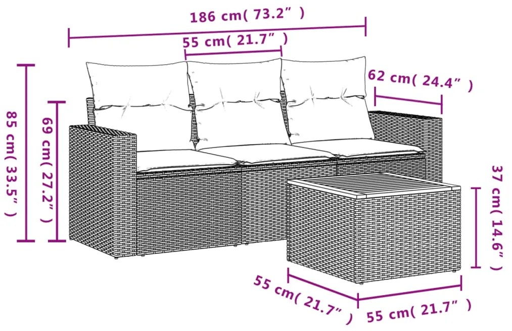 vidaXL Σαλόνι Κήπου Σετ 4 Τεμαχίων με Μαξιλάρια Μαύρο Συνθετικό Ρατάν