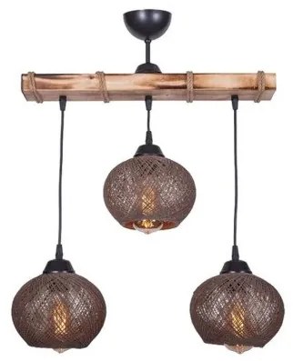LUMA 201-0012 Vintage Κρεμαστό Φωτιστικό Ράγα Τρίφωτο 3 x E27 IP20 Μπεζ Ξύλο με Καφέ Σχοινί-Μ50 x Π20 x Υ63cm Globostar-201-0012 201-0012