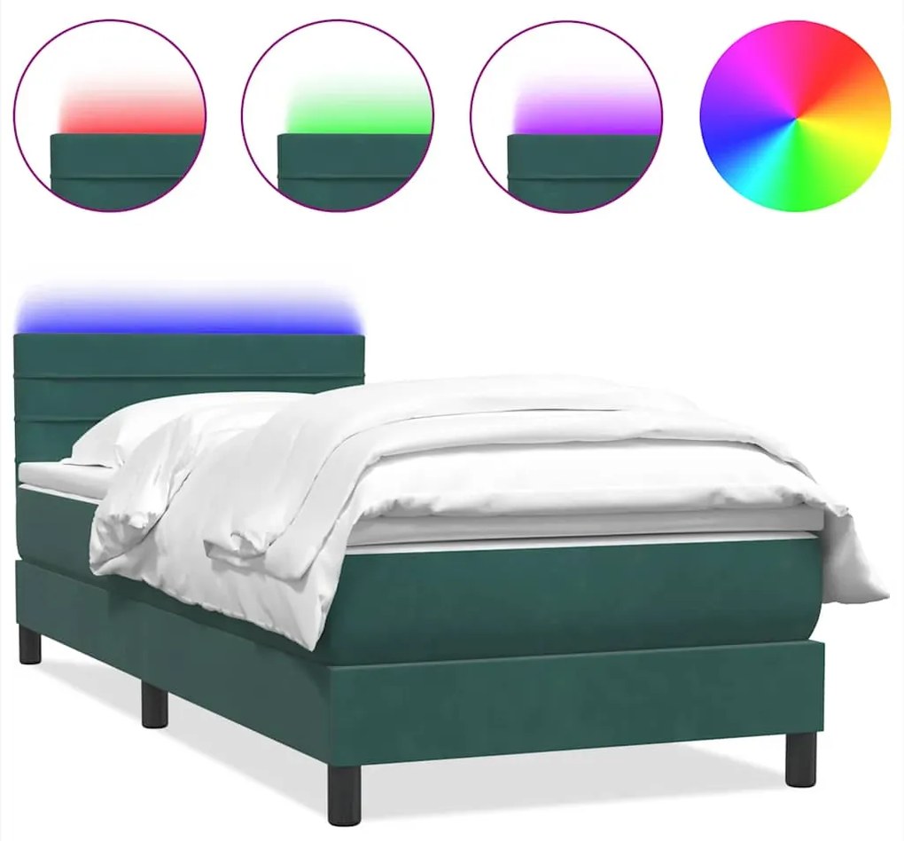 vidaXL Κρεβάτι Boxspring με Στρώμα & LED σκούρο πράσινο 90x210εκ. Βελούδινο