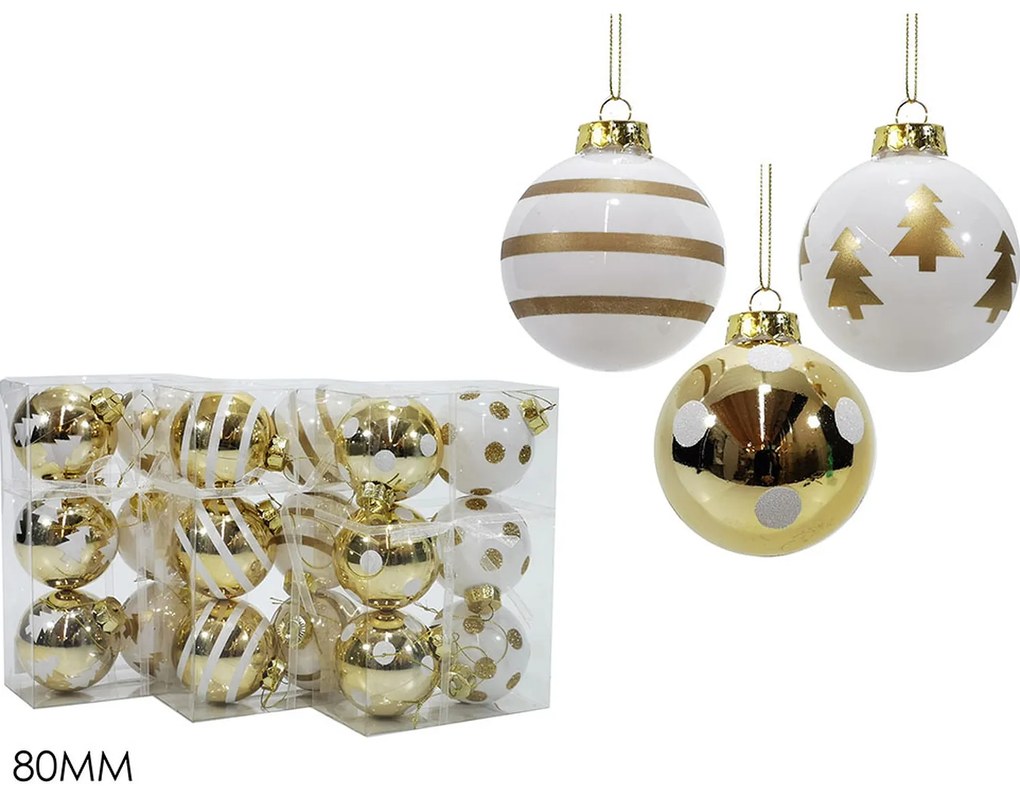 Χριστουγεννιάτικη Μπάλα Λευκό/Χρυσό 80mm Σετ 6Τμχ Σε 3 Σχέδια