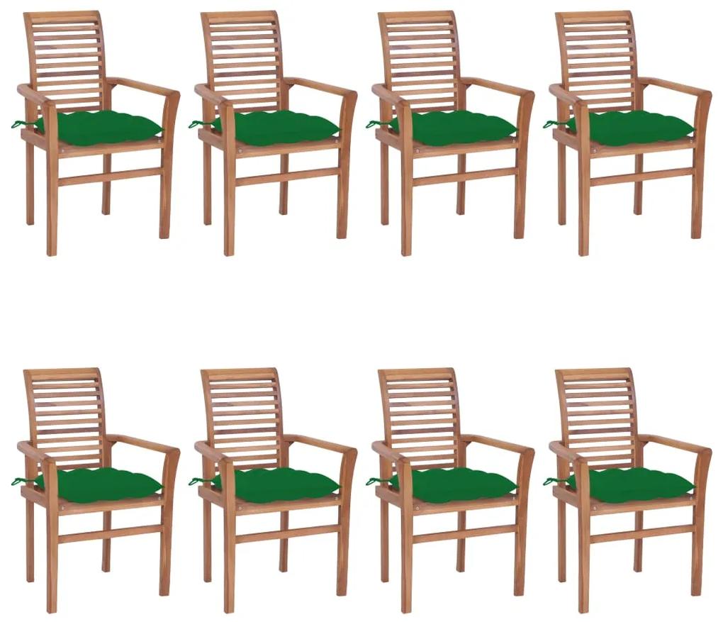 Καρέκλες Τραπεζαρίας 8 τεμ. Μασίφ Ξύλο Teak &amp; Πράσινα Μαξιλάρια