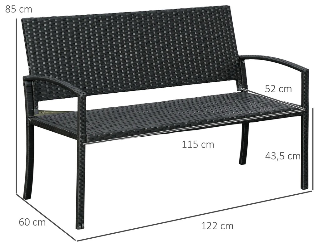 Outsunny Πάγκος Κήπου, σε εμφάνιση Rattan, με ατσάλινο πλαίσιο, για 2 άτομα, Μαύρο, 122 x 60 x 85cm