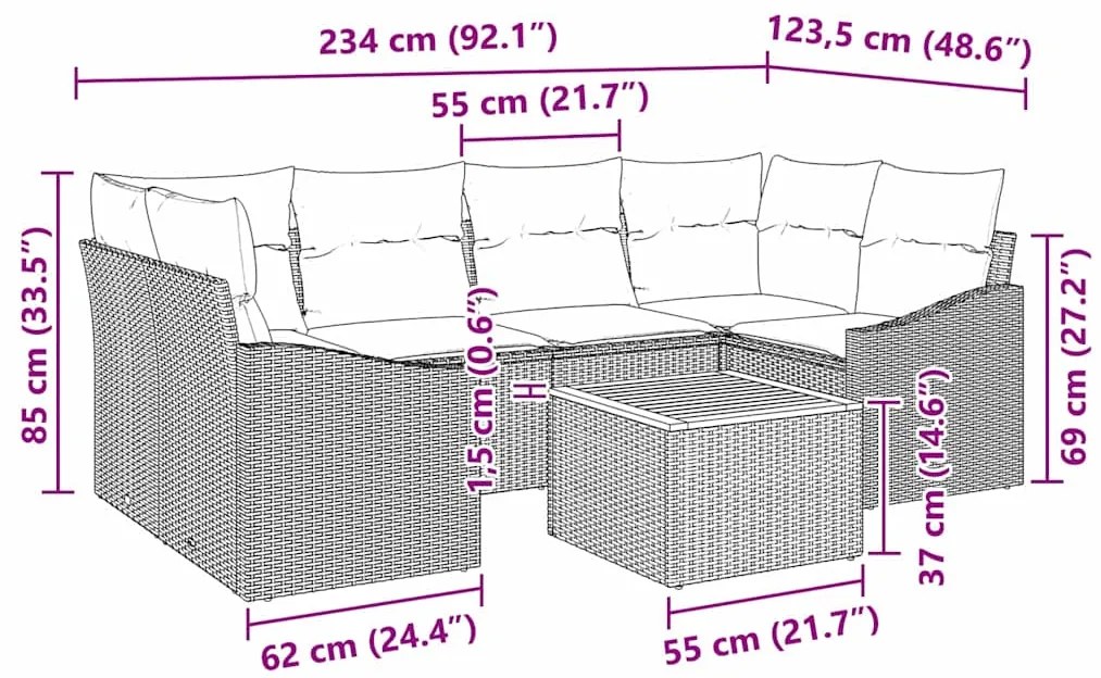 vidaXL Σετ Καναπέ Κήπου με μαξιλάρι 7 pcs Μαύρο Πολυ ράταν
