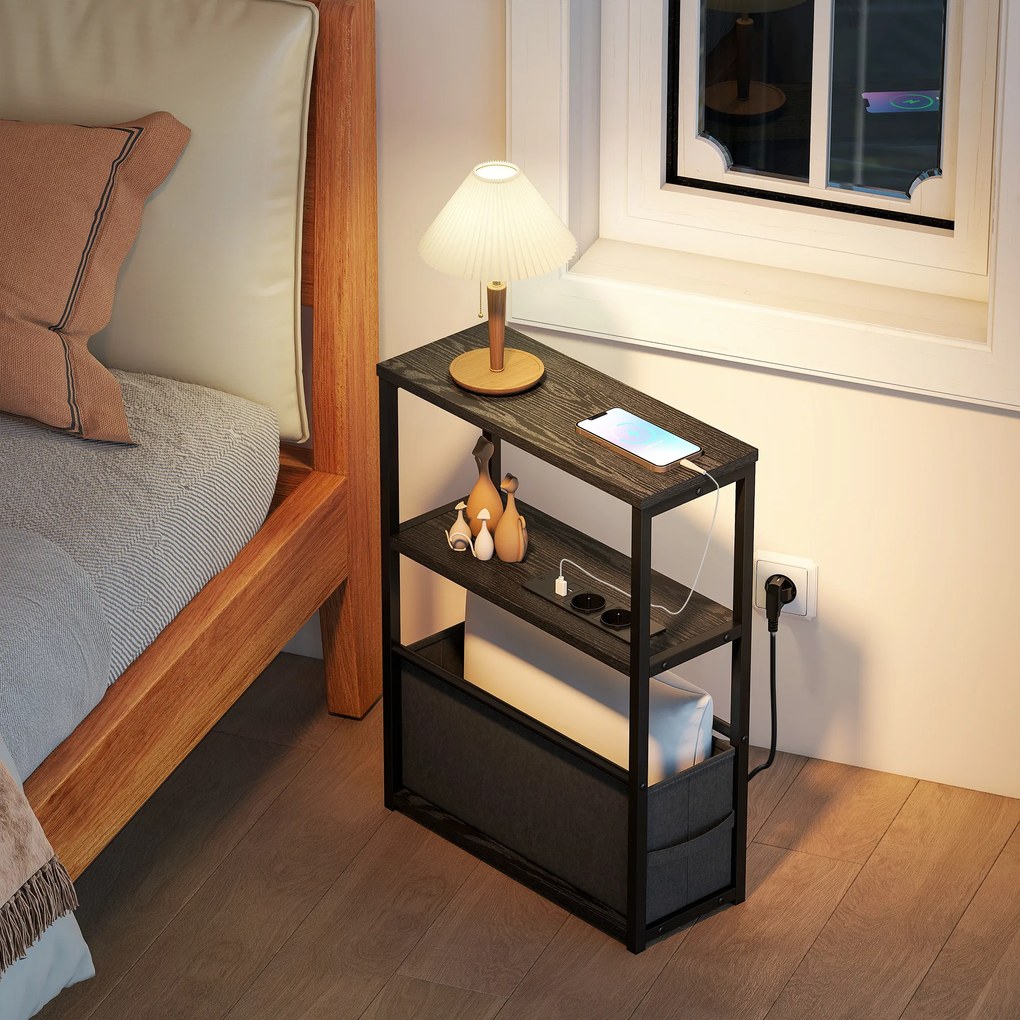 Κομοδίνο τραπεζάκι σαλονιού με πρίζες, ράφι, για μικρούς χώρους, 45x18x60,2cm, Μαύρο