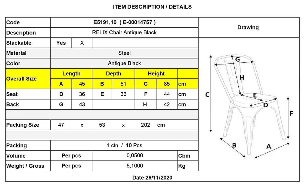 Καρέκλα RELIX Antique Black High (Συσκ.10) 45x51x85cm