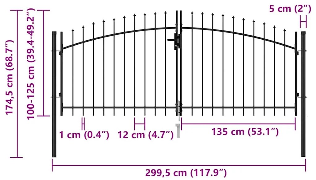 vidaXL Καγκελόπορτα Διπλή με Ακίδες Μαύρη 3 x 1,25 μ. Ατσάλινη