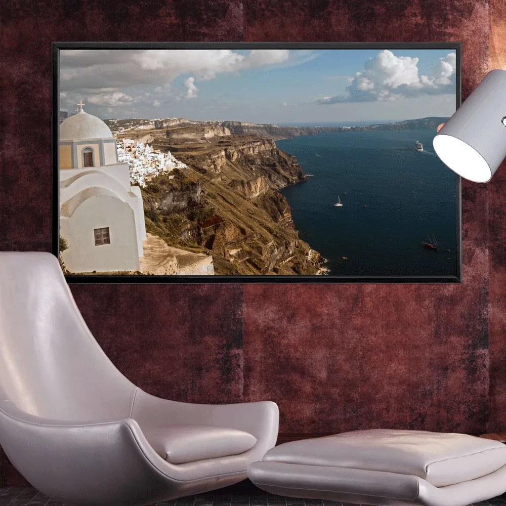 Πίνακας σε Plexiglass με Θέμα &#8220;Οία-Σαντορίνη&#8221; σε μαύρη ξύλινη Κορνίζα με ρυθμιζόμενο Φώς - 120cmX80cm