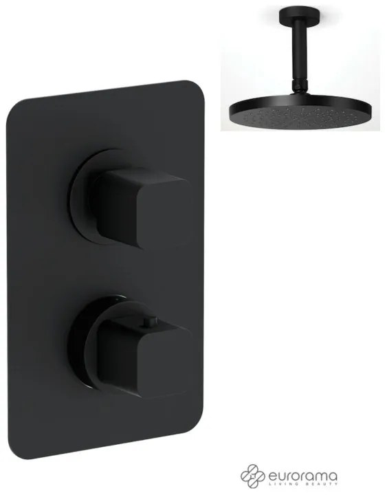 Eurorama QUADRA Thermo Black matt Κεφαλή Ø30εκ. +Θερμοστατικός μίκτης εντοιχισμού 2 ή 3 εξόδων με εκτροπέα