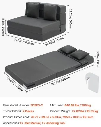 VEVOR Folding Sofa Bed 3-in-1 Foldable Couch Bed with 2 Pillows Dark Grey Twin