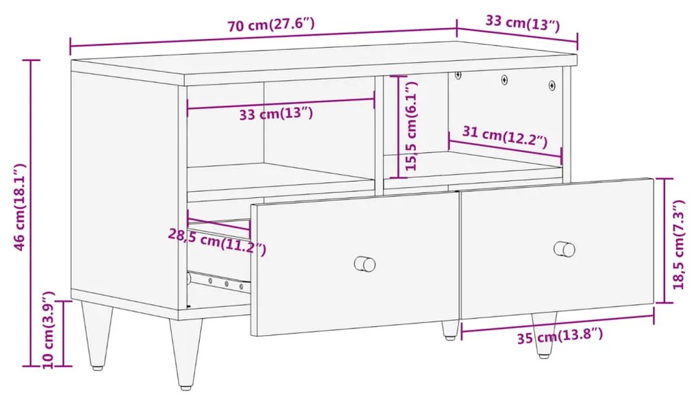 Έπιπλο Τηλεόρασης 70 x 33 x 46 εκ. από Μασίφ Ξύλο Μάνγκο - Καφέ