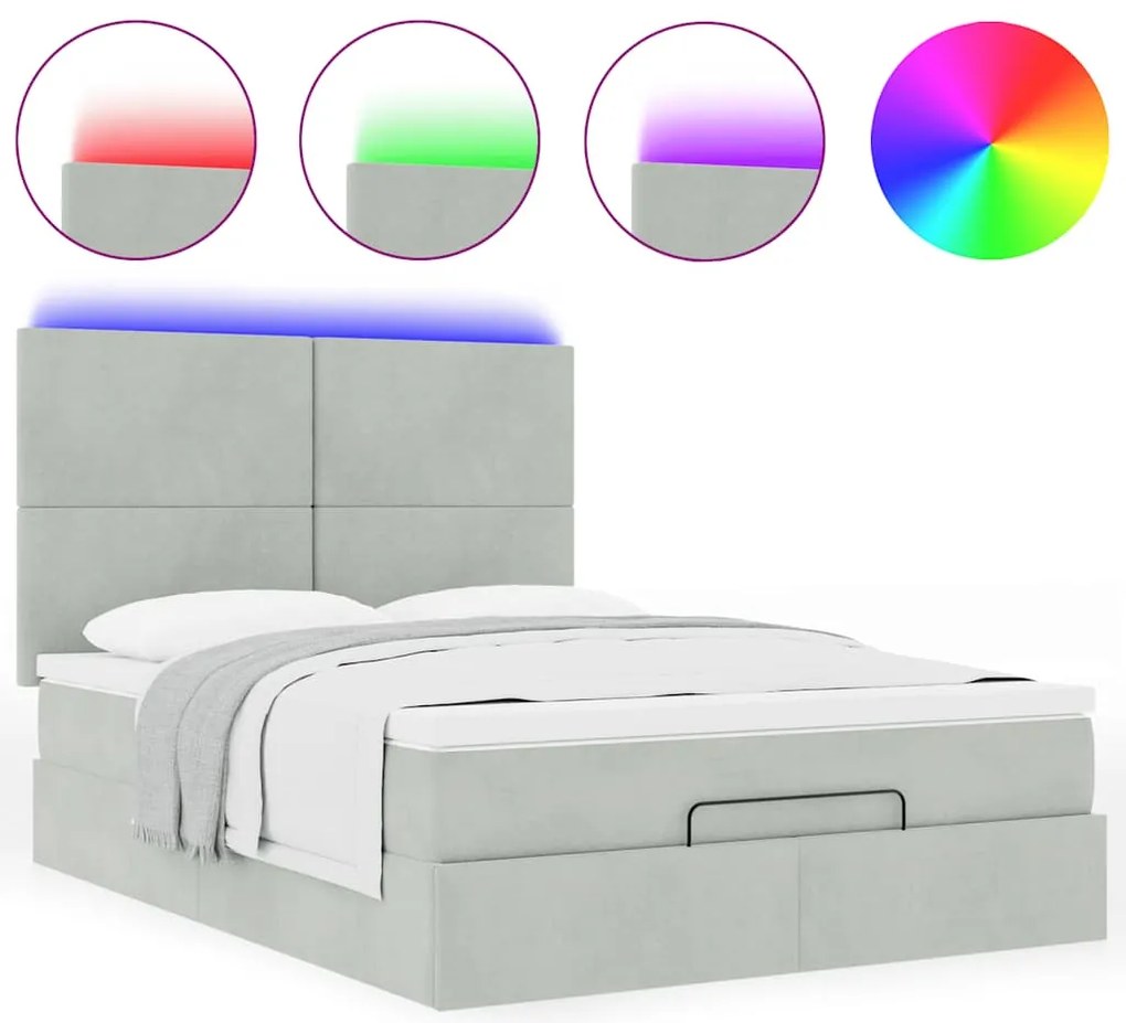 vidaXL Οθωμανικό κρεβάτι με στρώματα & LEDs Ανοιχτό γκρι Βελούδο