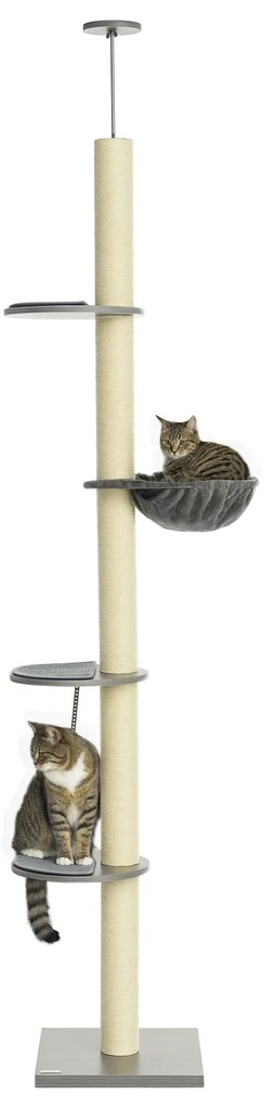 PawHut Ορθοστάτης για γάτες με αιώρα, με ελατήριο οροφής, ύψος οροφής, 40 εκ. x 40 εκ. x 250 εκ., Γκρι + Κρεμ