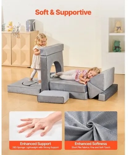 VEVOR Modular Kids Play Couch, Sectional Toddler Sofa with Armrests, 28D Sponge &amp; Short Pile, Convertible Kids Modular Couch DIY Creative Combination for Playroom, Bedroom, Living Room, 14 Pcs, Gray