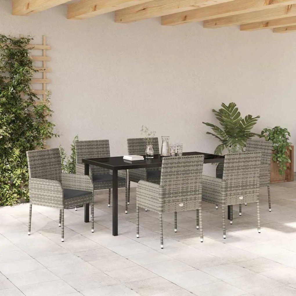 vidaXL Σέτ φαγητού για κήπο με μαξιλάρι 7 pcs Γκρι Πολυ ράταν