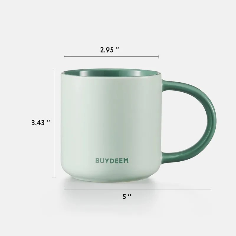 Κεραμικό φλιτζάνι τσαγιού και καφέ Buydeem CD1018-CG, 350 ml, Επίπεδος πάτος, Εσωτερική κλίμακα μέτρησης, Κεραμικό υψηλής θερμοκρασίας, Πράσινο