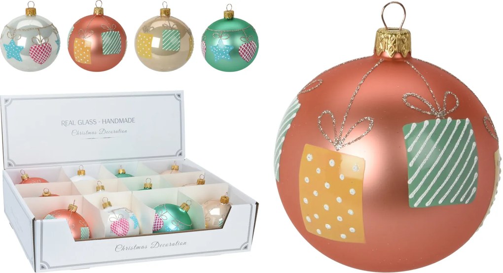 JΚ Home Décor - Μπάλα Γυάλινη Κρεμ-Σομόν-Ροζ Ματ 8cm 4Σχδ