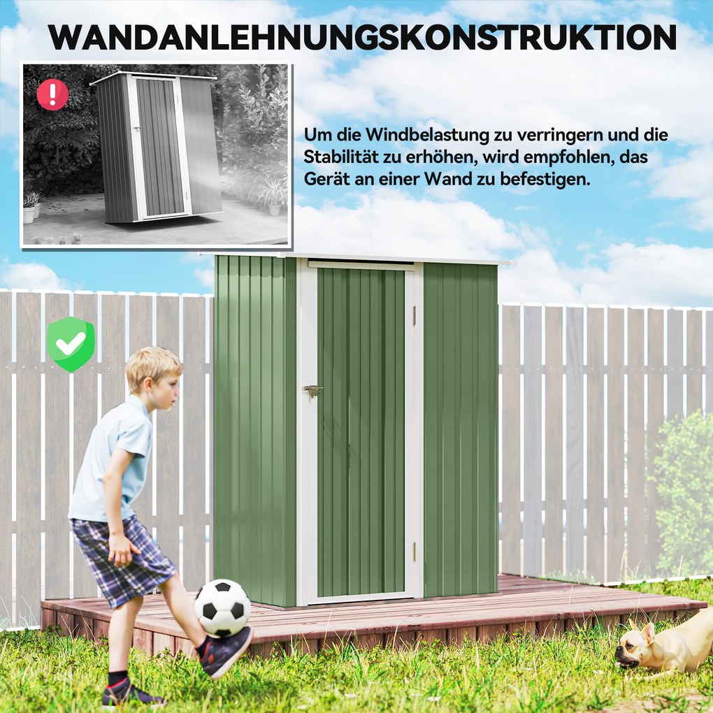 Μεταλλικό σπιτάκι εργαλείων 1,07 m² με επικλινή στέγη, 142 x 84 x 189 cm Αποθήκη κήπου με κλειδούμενη πόρτα, Σπιτάκι κήπου, Σπιτάκι κήπου Πράσινο