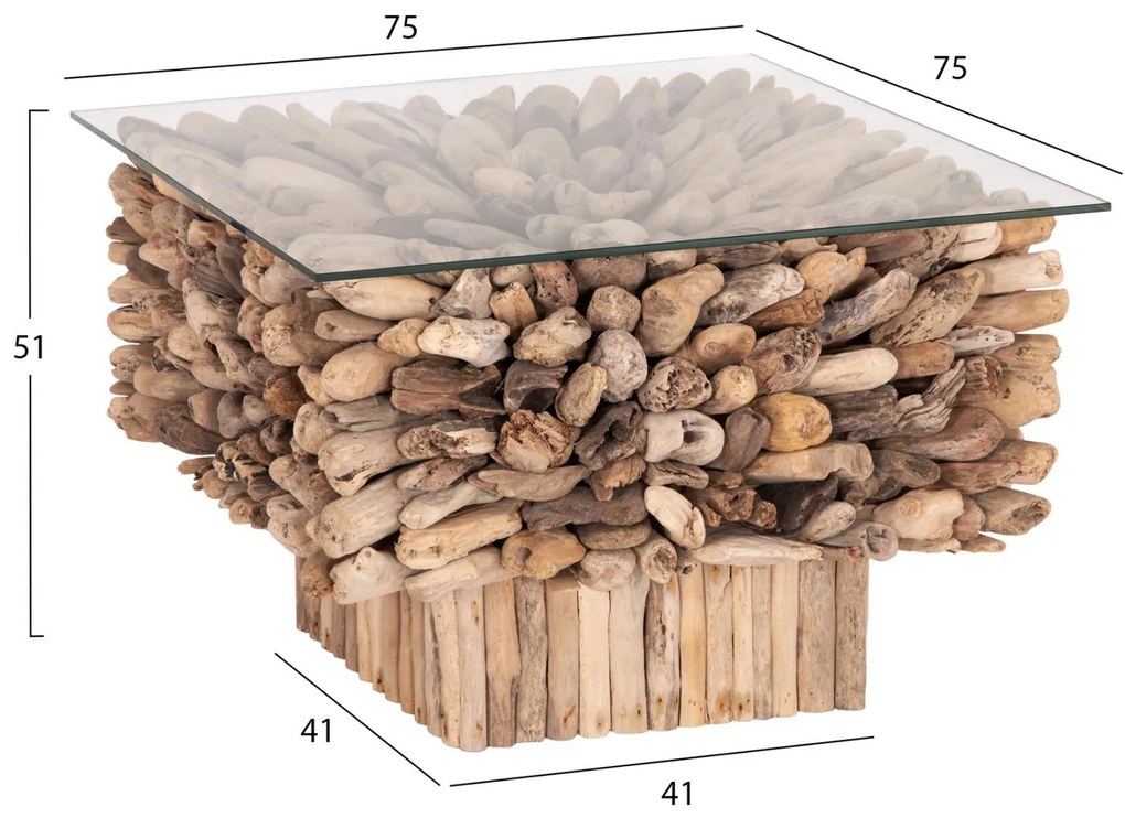 Τραπεζάκι σαλονιού SPARROW C9963 Τετράγωνο Driftwood &amp; Γυαλί 75x75x51Υ εκ. 75x75x51 εκ.