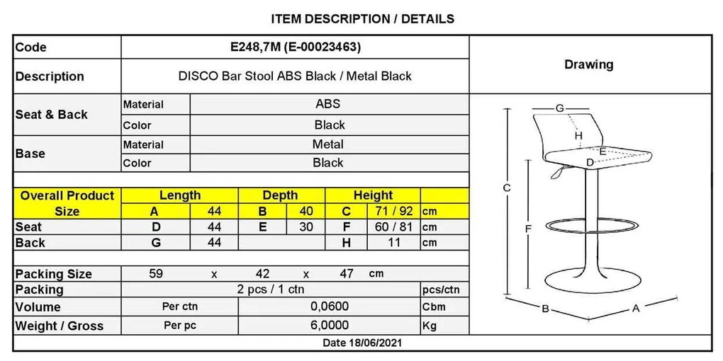 DISCO Σκαμπό BAR, Μέταλλο Βαφή Μαύρο, ABS Μαύρο, Ύψος Ρυθμιζόμενο, Περιστρεφόμενο 44x40x71/92cm
