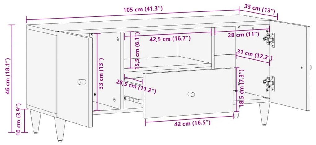 Έπιπλο Τηλεόρασης 105 x 33 x 46 εκ. από Μασίφ Ξύλο Μάνγκο - Καφέ