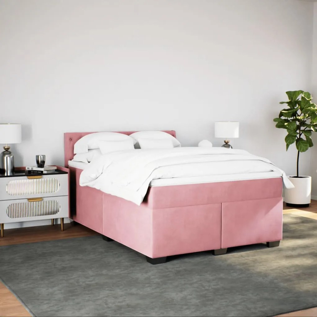 Κρεβάτι Boxspring με Στρώμα Ροζ 140x200 εκ. Βελούδινο - Ροζ