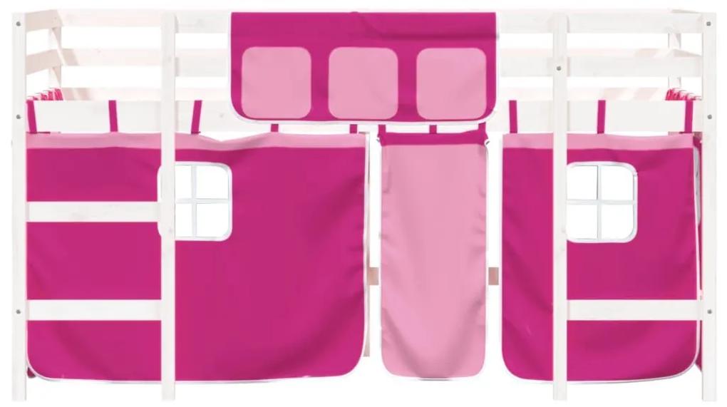 Υπερυψ. Κρεβάτι με Κουρτίνες Ροζ 90 x 190 εκ. Μασίφ Ξύλο Πεύκου - Ροζ