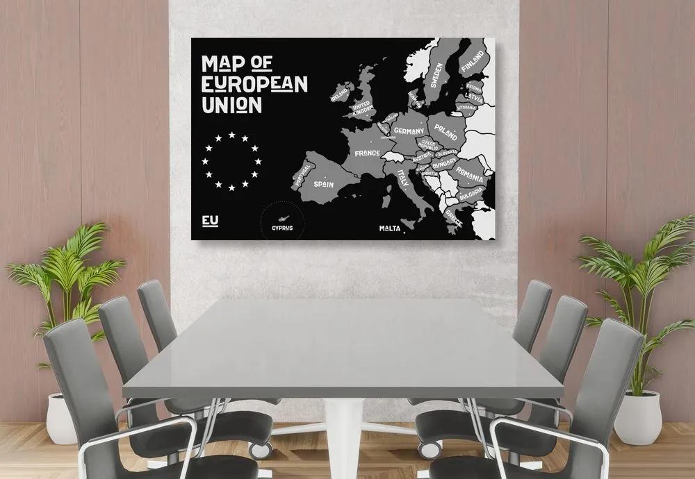 Εικόνα σε εκπαιδευτικό χάρτη από φελλό με ονόματα χωρών σε μαύρο & άσπρο της ΕΕ - 120x80  color mix