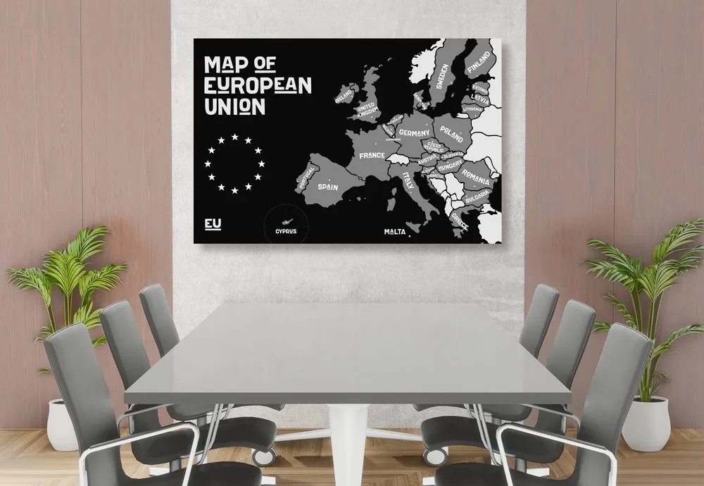 Εικόνα σε εκπαιδευτικό χάρτη από φελλό με ονόματα χωρών σε μαύρο & άσπρο της ΕΕ - 90x60 color mix