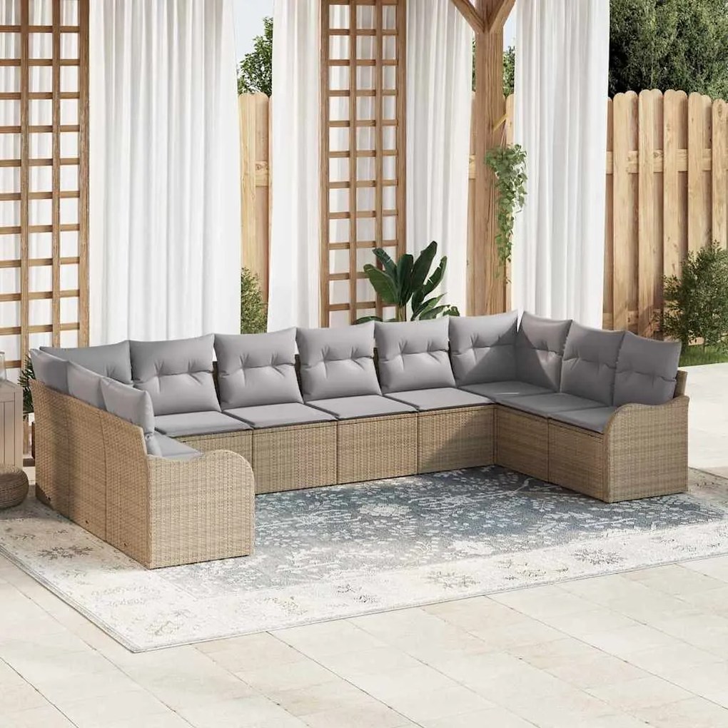 vidaXL Σετ Καναπέ Κήπου με μαξιλάρι 10 pcs Μπεζ Πολυ ράταν