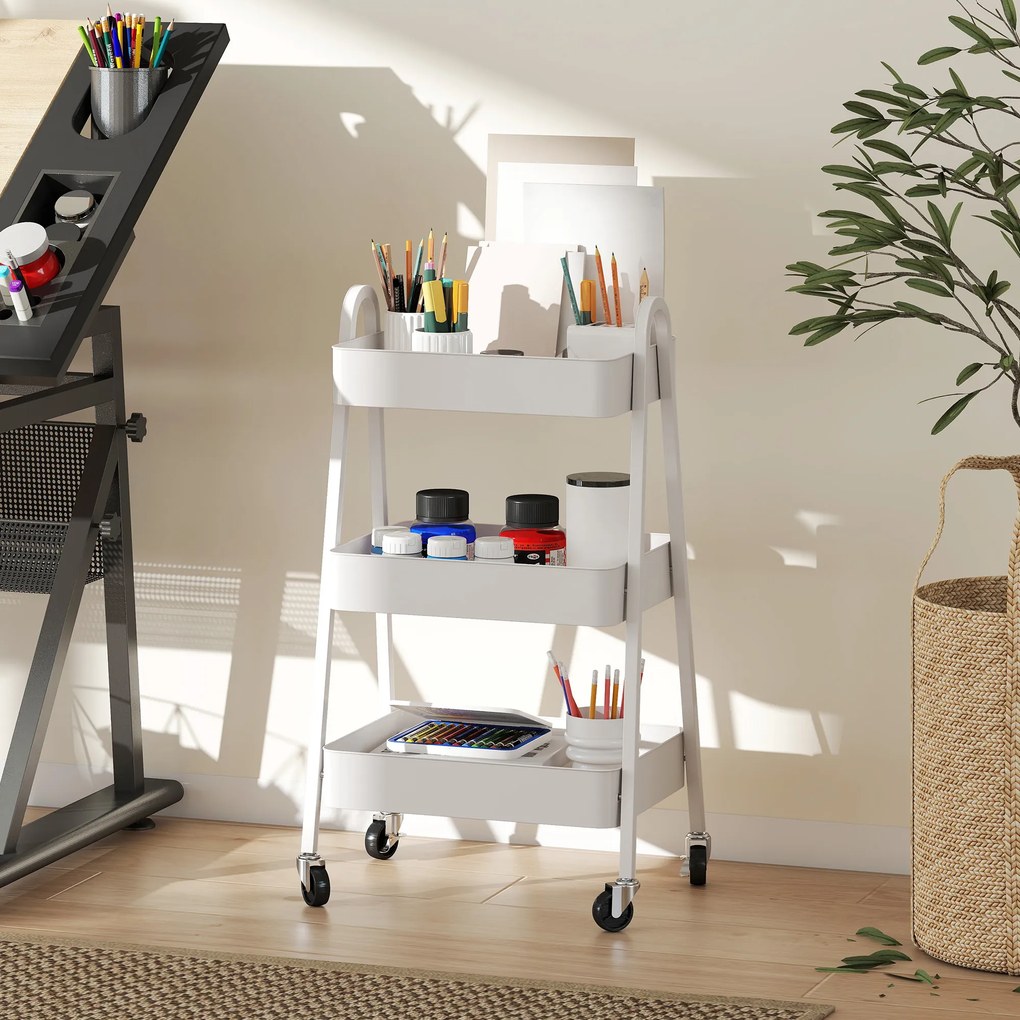 HOMCOM Ράφι σερβιρίσματος 3 επιπέδων, τροχήλατο κουζίνας με λαβή και φρένα, λευκό