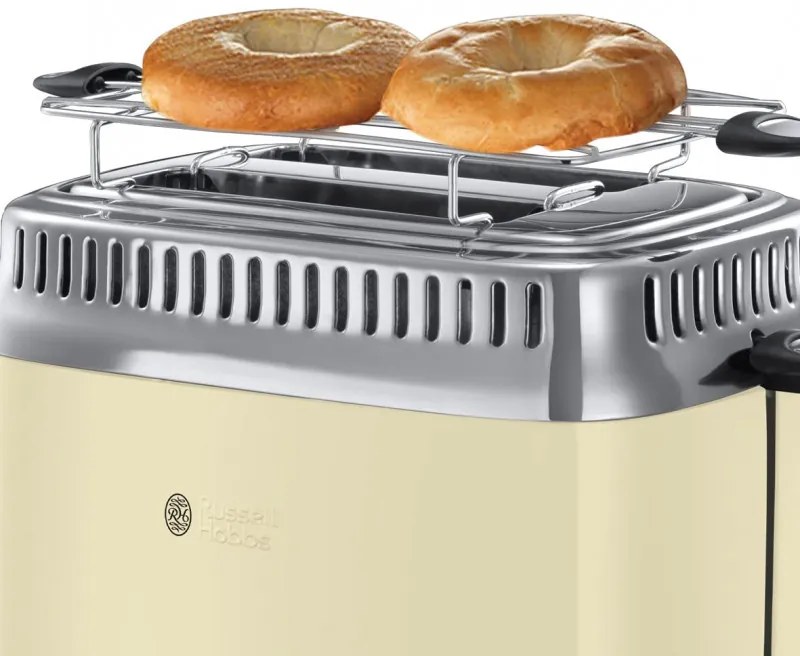 Russell Hobbs Retro Vintage Κρέμα Τοστιέρα 21682-56, 1300W, 2 φέτες, 6 επίπεδα, Κλίμακα ένδειξης ρετρό, Lift & Look, Γρήγορη φρυγανιά, Κρέμα/Inox