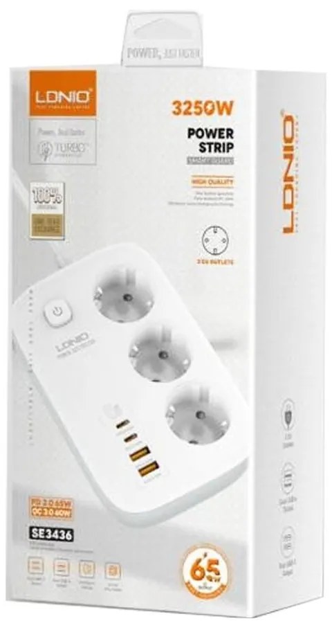 Ldnio Πολύπριζο 3 Θέσεων με Διακόπτη και 4 USB Λευκό SE3436