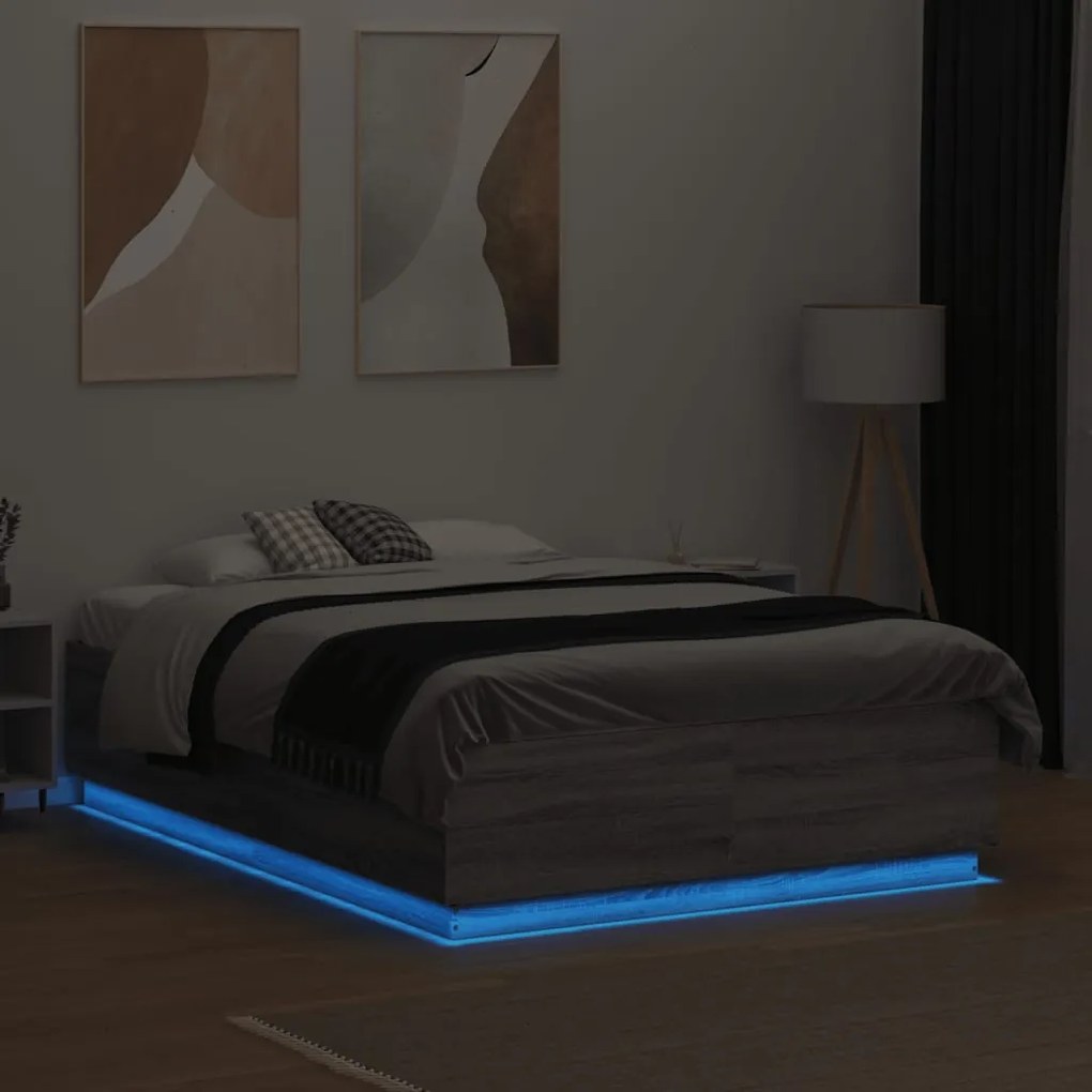 vidaXL Πλαίσιο Κρεβατιού με LED Γκρι Sonoma 135x190εκ. Επεξ. Ξύλο