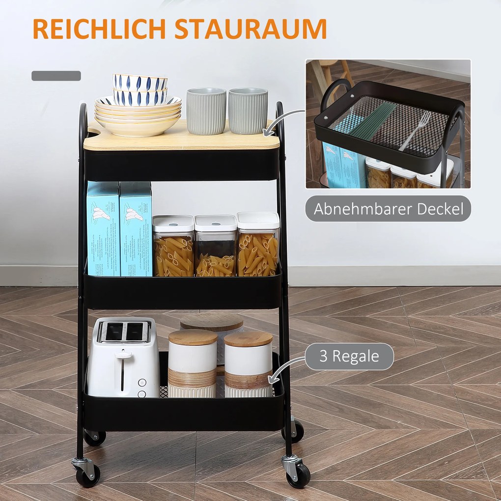 HOMCOM Τροχήλατο καρότσι, καρότσι σερβιρίσματος με 3 καλάθια, μέταλλο, πλαστικό, Μαύρο