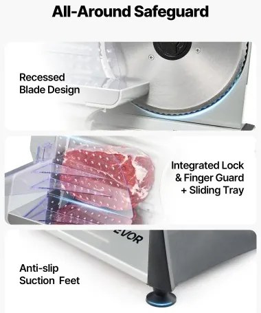 VEVOR Meat Slicer, 200W Electric Deli Slicer Machine with 190 mm Sharp Blade, Home Meat-Slicer with 70-100 RPM Slicing Speed, 0-15 mm Adjustable Thickness, for Frozen Meat, Ham, Baguett & Prime Steak