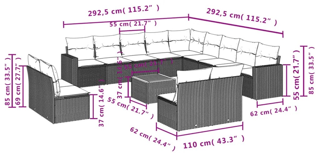 vidaXL Σαλόνι Κήπου Σετ 14 Τεμαχίων με Μαξιλάρια Μπεζ Συνθετικό Ρατάν