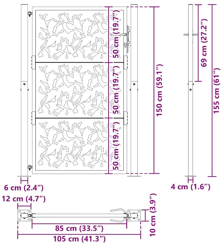 Πύλη κήπου Μαύρη 105x155 cm Σχεδιασμός ατσαλένιου φύλλου - Μαύρο