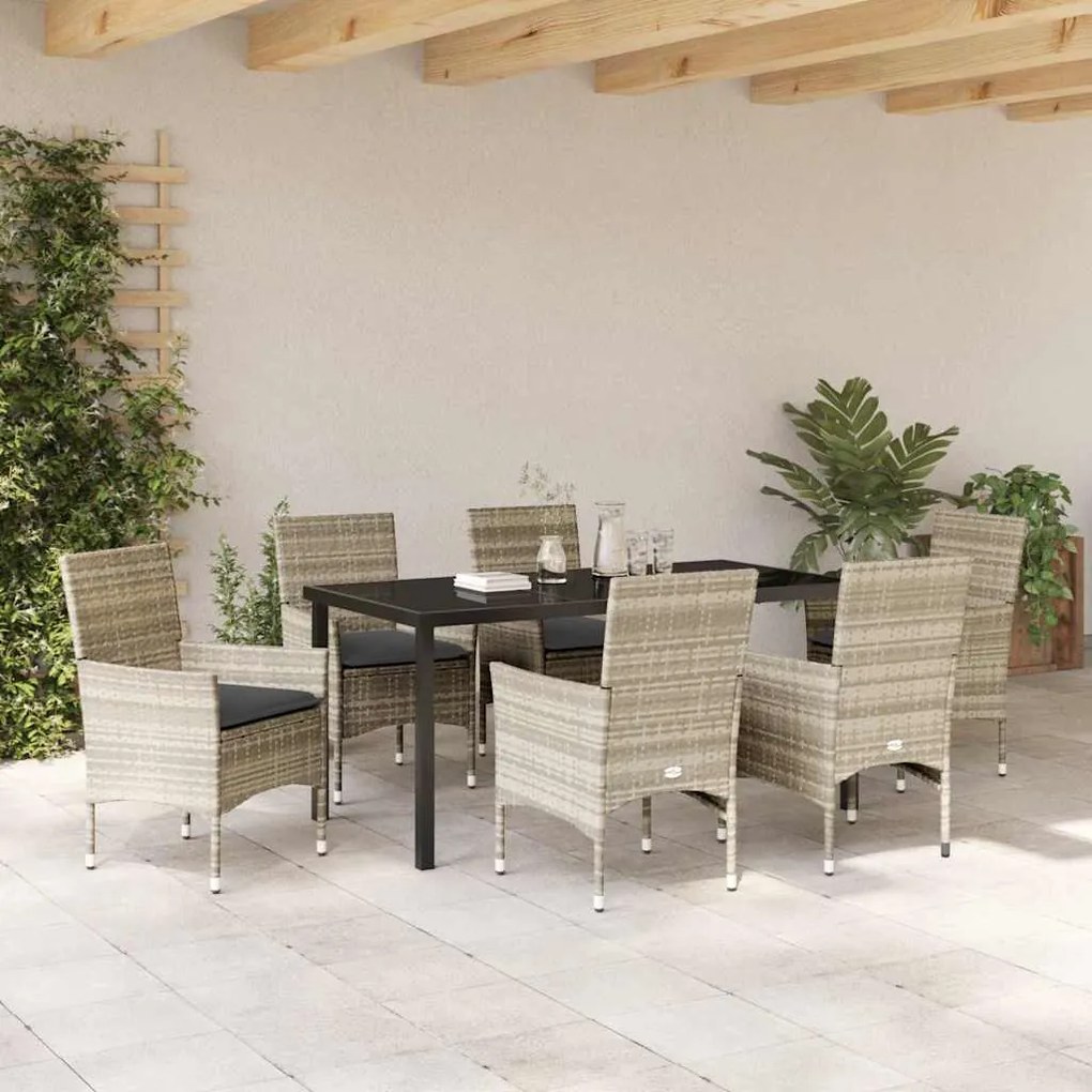 vidaXL Σέτ φαγητού για κήπο με μαξιλάρι 7 pcs Ανοιχτό γκρι Πολυ ράταν